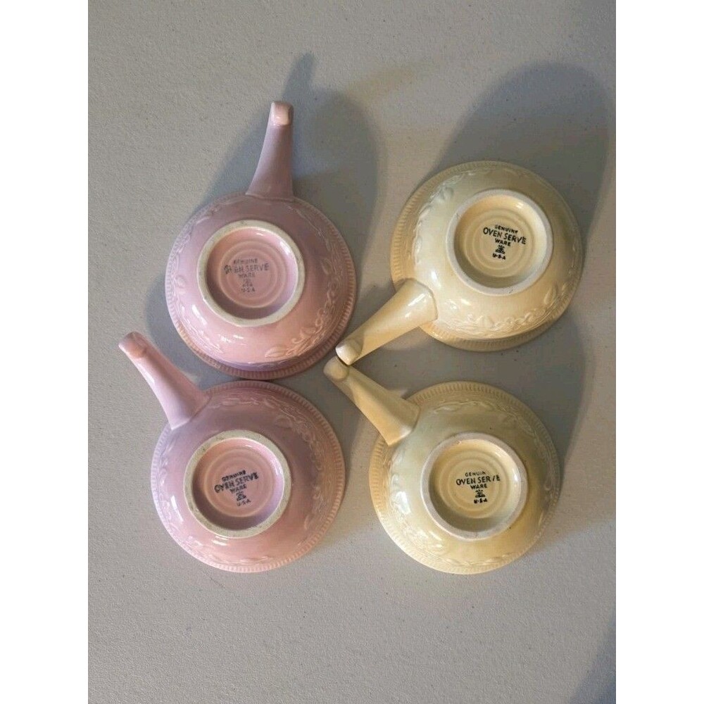 VTG Genuine Oven Serve Ware Pink Yellow Soup Bowl Floral Handle T.S.T. Set of 4 - Picture 5 of 12